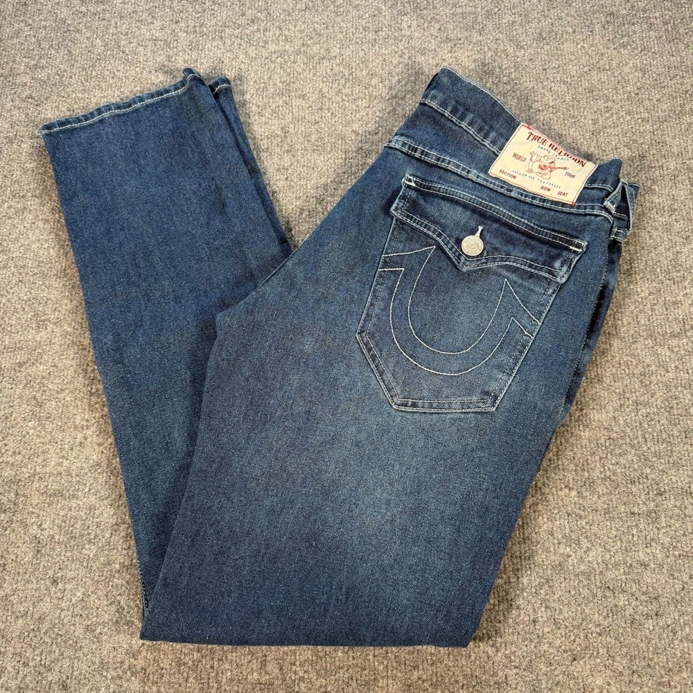 True Religion Geno Relaxed Slim Jeans Blue Denim Size 34 Flap Pocket #4754